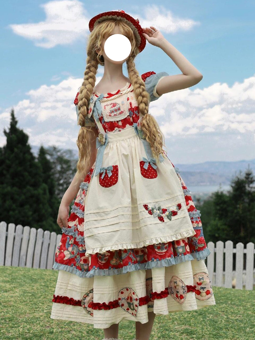 Sweet Lolita Strawberry Tart Dress Red White Rose Print Ruffled Apron