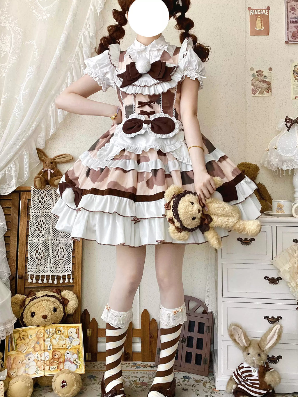 Sweet Lolita Cow Print Pink & Brown Cake Cream Ruffled Dress with Bow Accents