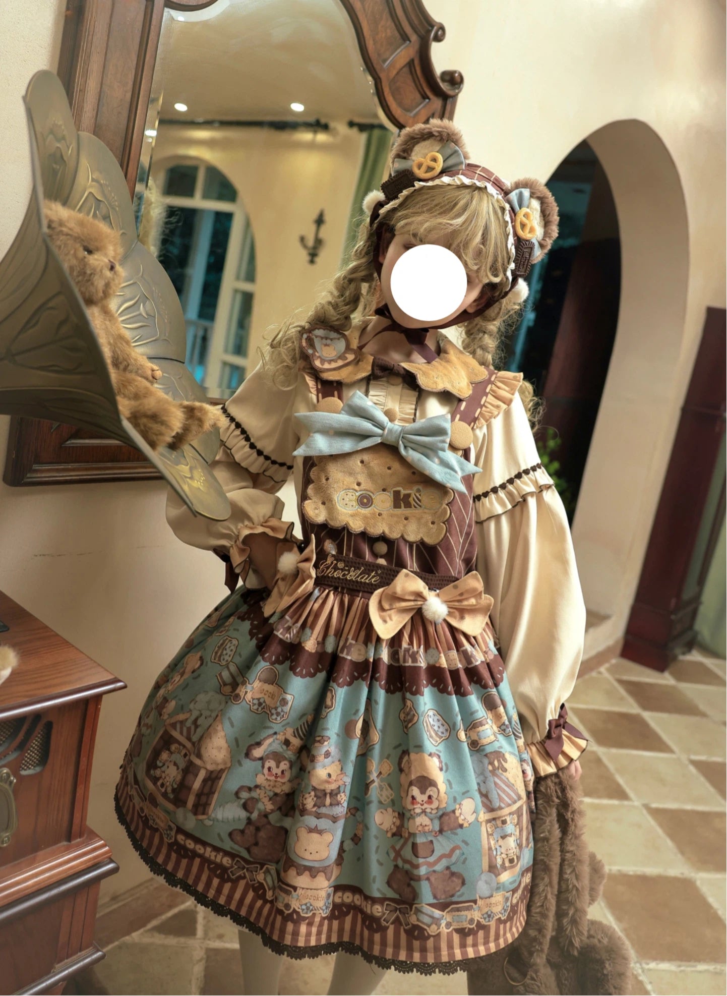 Sweet Lolita Vintage Teddy Bear Chocolate OP Set Beige Brown Tea Party Print Plus Size