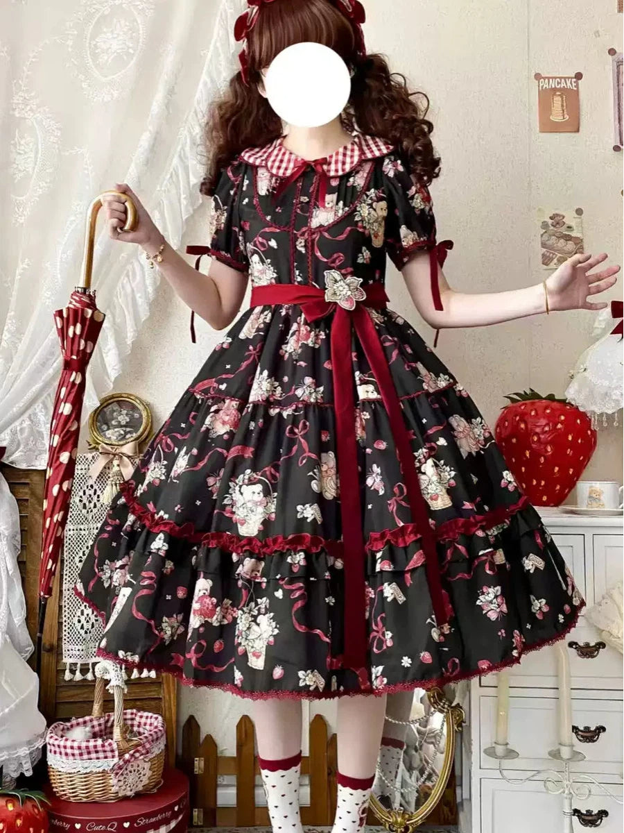 Sweet Lolita Gothic Bear OP Dress Black with Burgundy Bow Layered Skirt