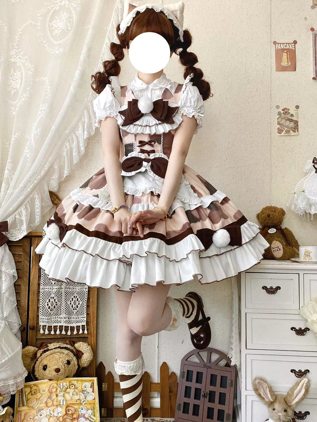 Sweet Lolita Cow Print Pink & Brown Cake Cream Ruffled Dress with Bow Accents