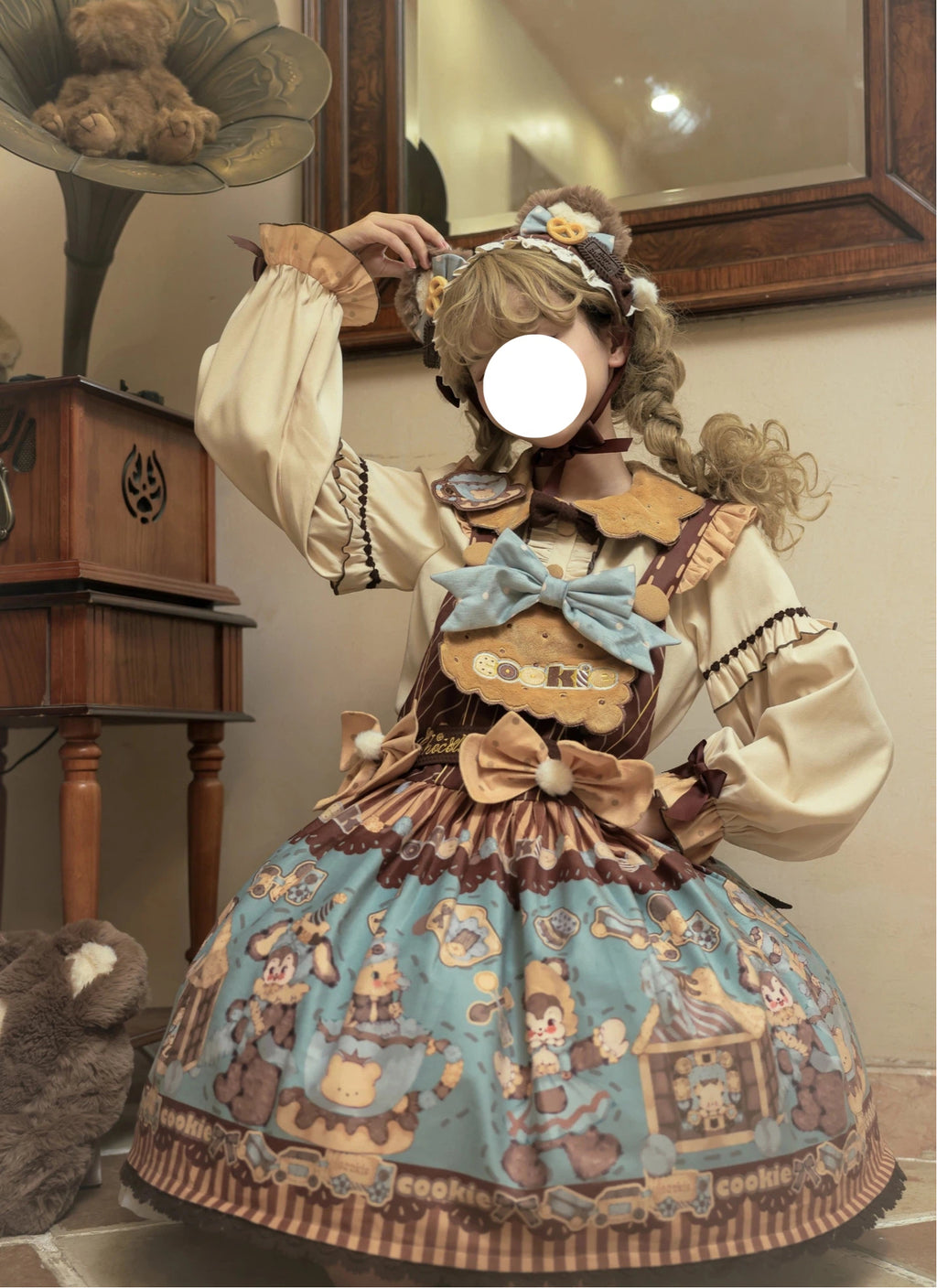 Sweet Lolita Vintage Teddy Bear Chocolate OP Set Beige Brown Tea Party Print Plus Size