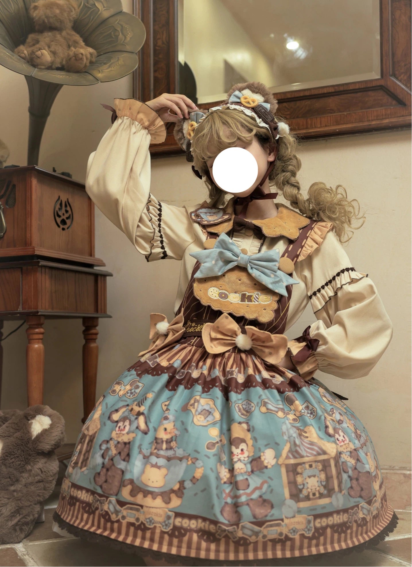 Sweet Lolita Vintage Teddy Bear Chocolate OP Set Beige Brown Tea Party Print Plus Size