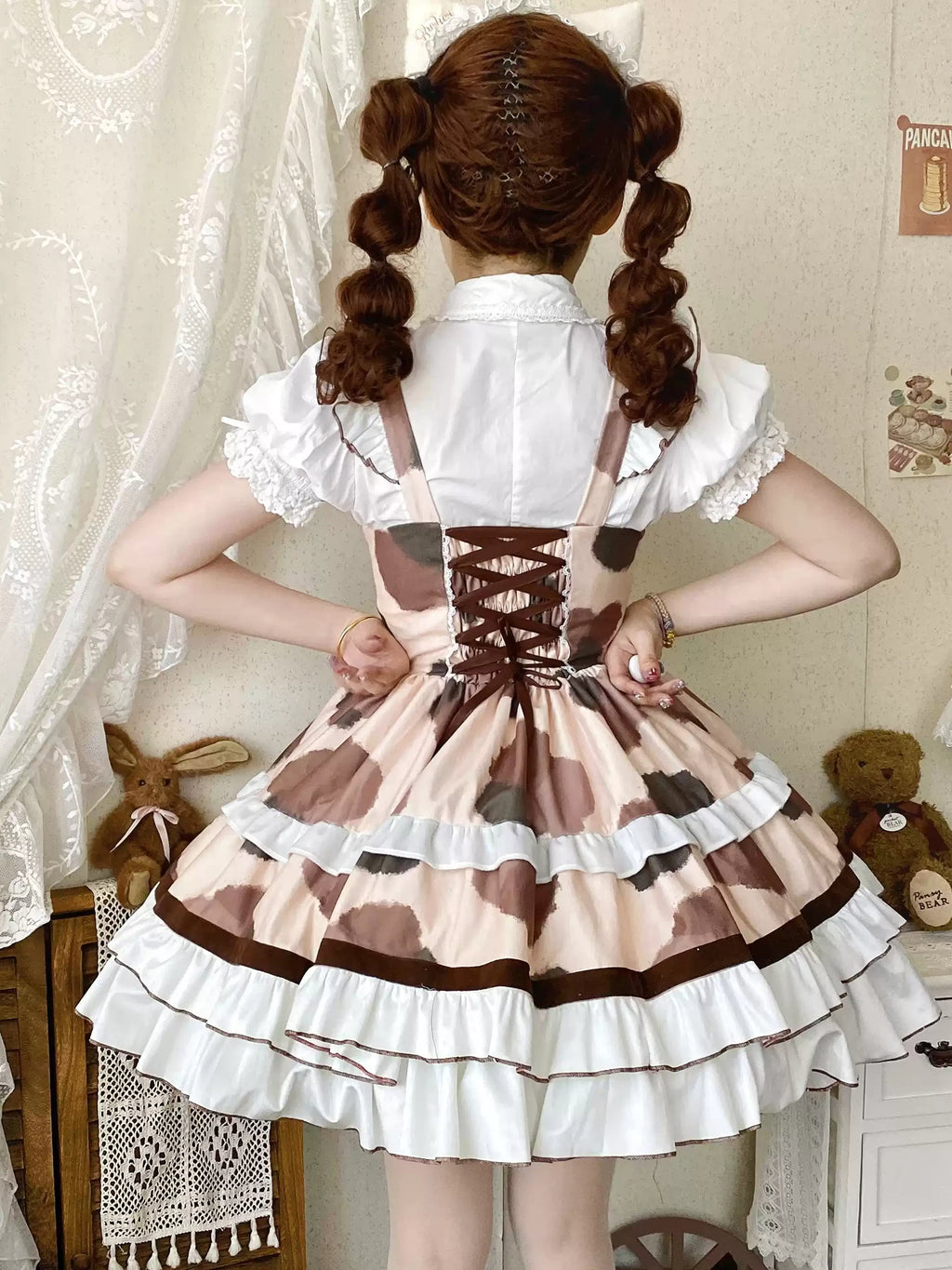 Sweet Lolita Cow Print Pink & Brown Cake Cream Ruffled Dress with Bow Accents