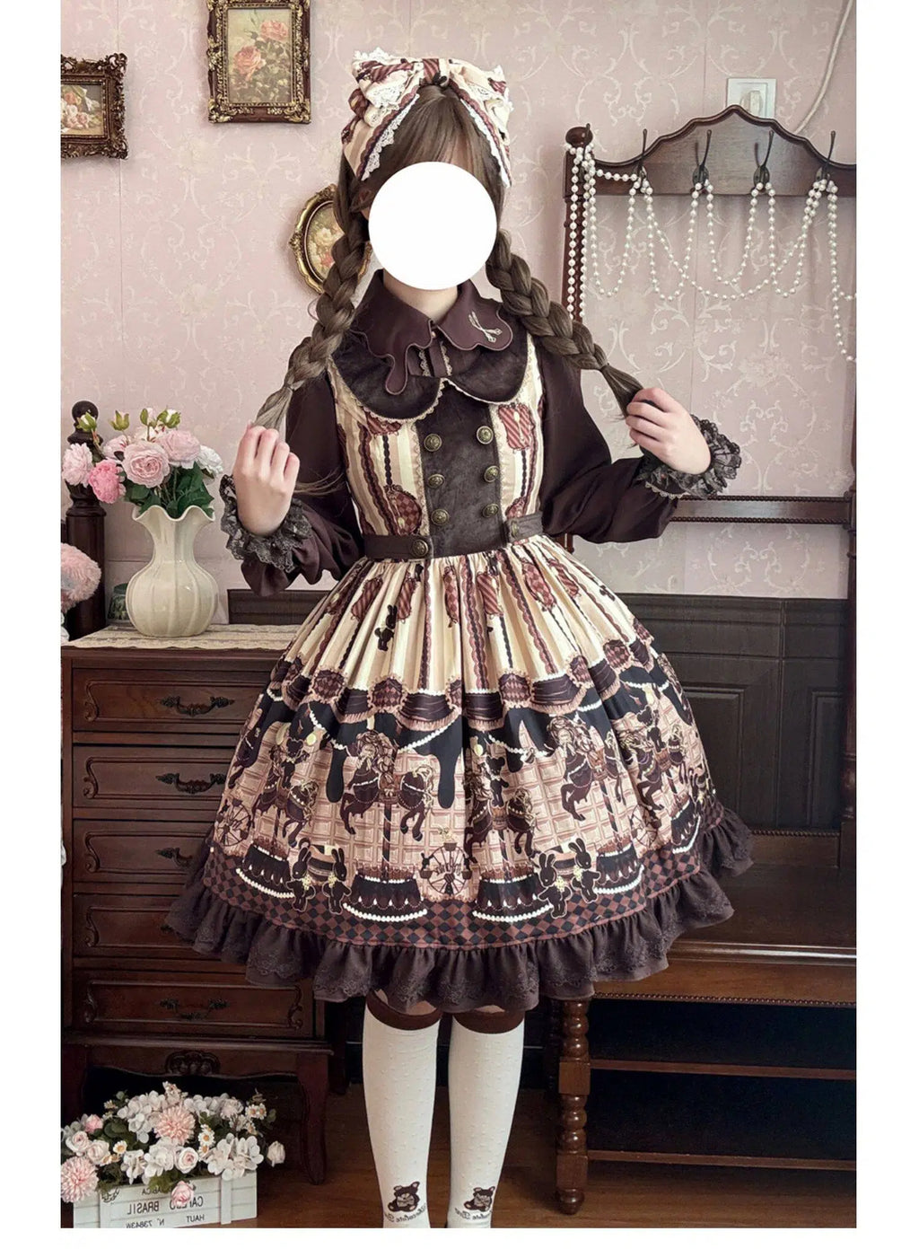Sweet Lolita Carousel Themed Dress Pink Chocolate Brown Beige Vintage Print