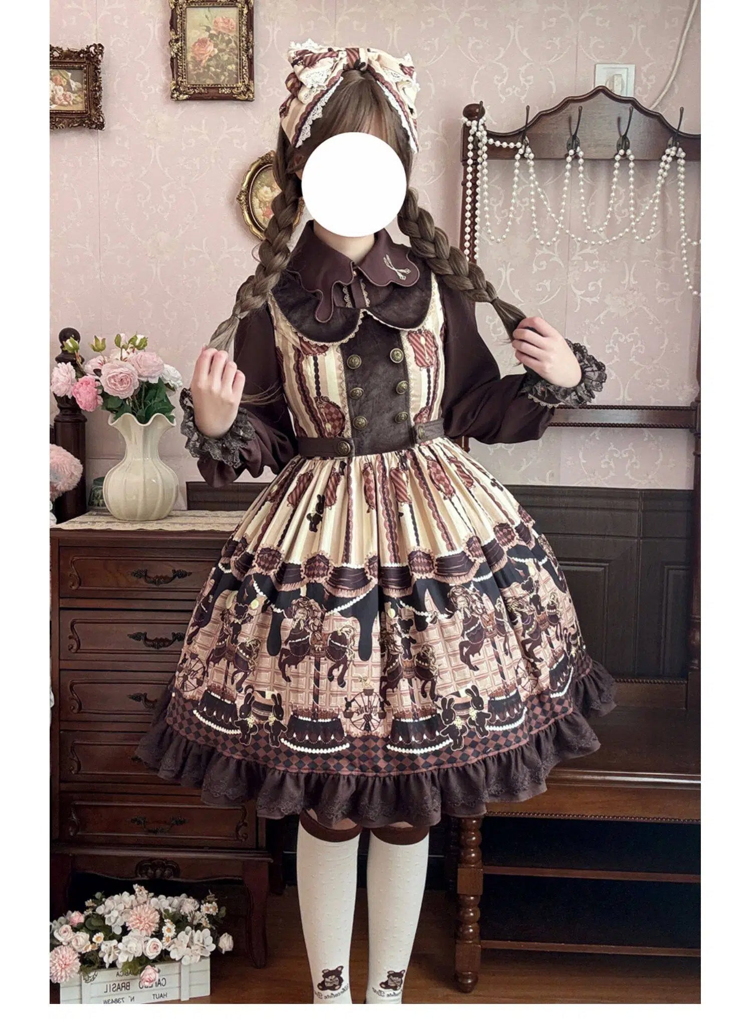 Sweet Lolita Carousel Themed Dress Pink Chocolate Brown Beige Vintage Print