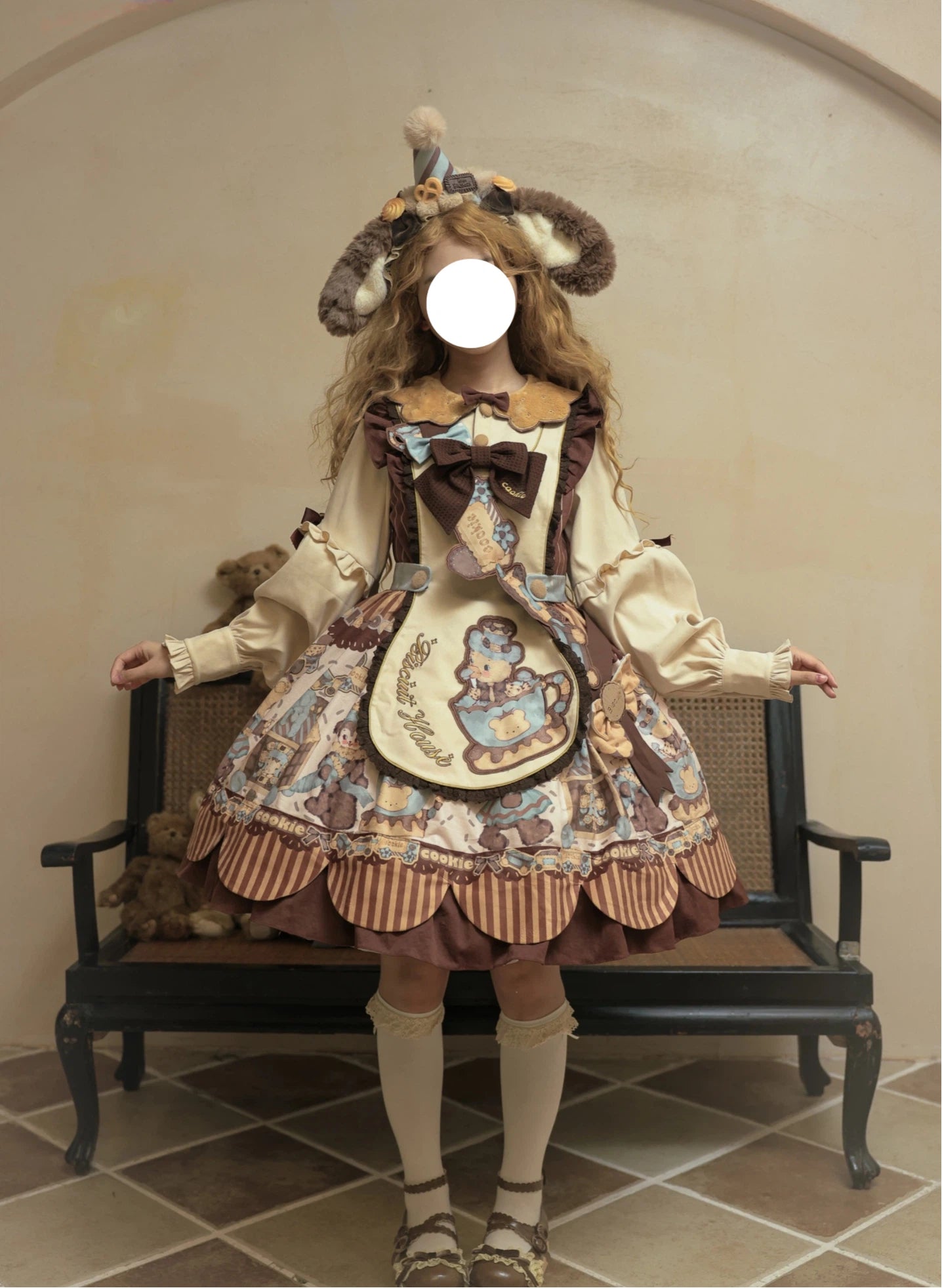 Sweet Lolita Vintage Teddy Bear Chocolate OP Set Beige Brown Tea Party Print Plus Size