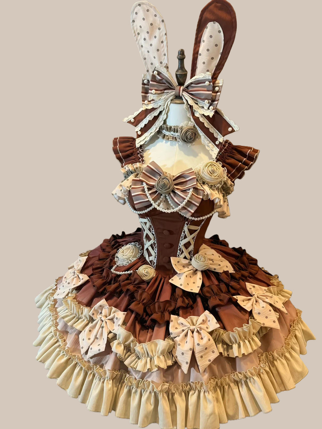Sweet Lolita Bunny Themed Caramel Cocoa Chocolate Ruffled Lace One-Piece