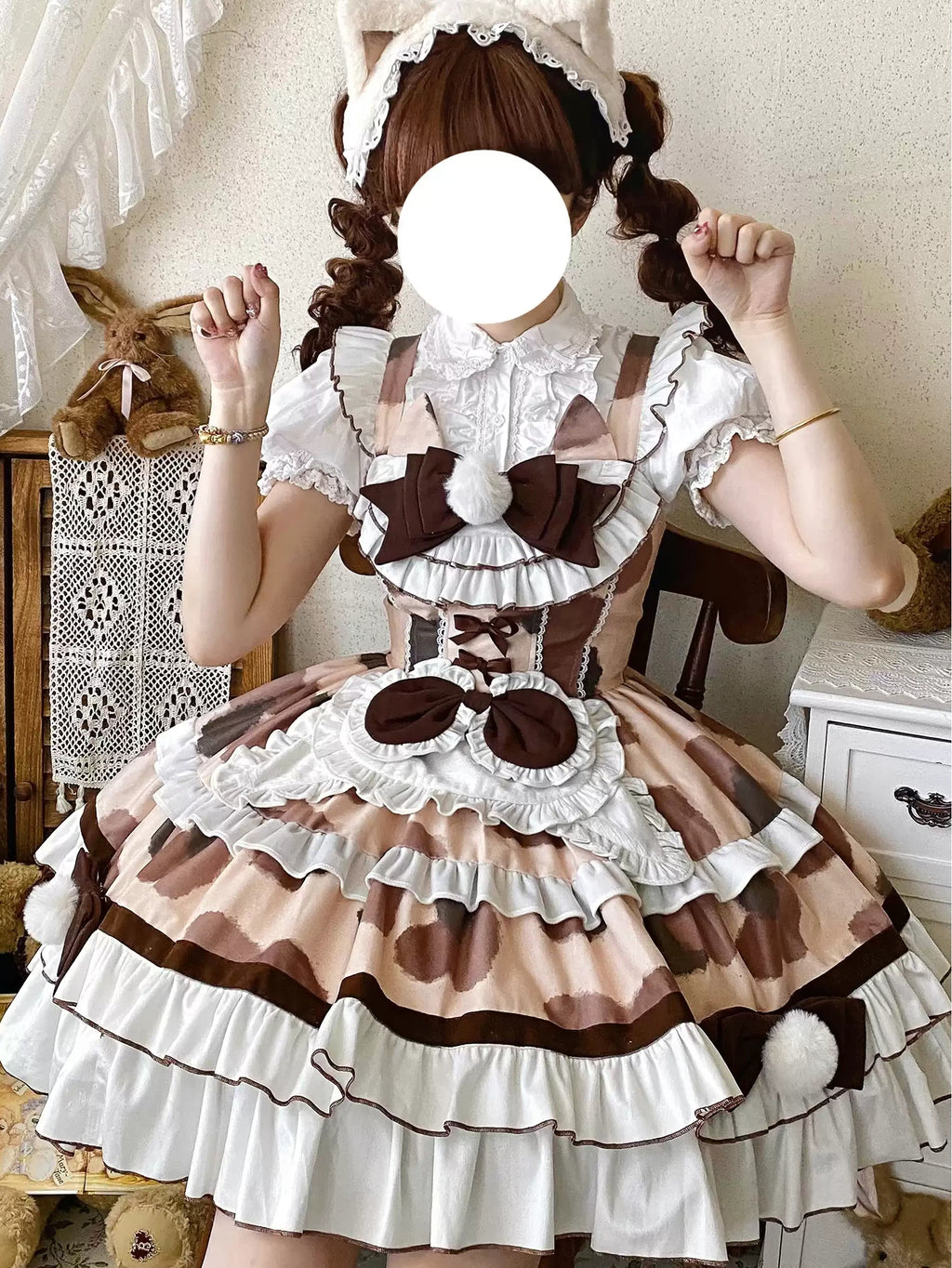 Sweet Lolita Cow Print Pink & Brown Cake Cream Ruffled Dress with Bow Accents