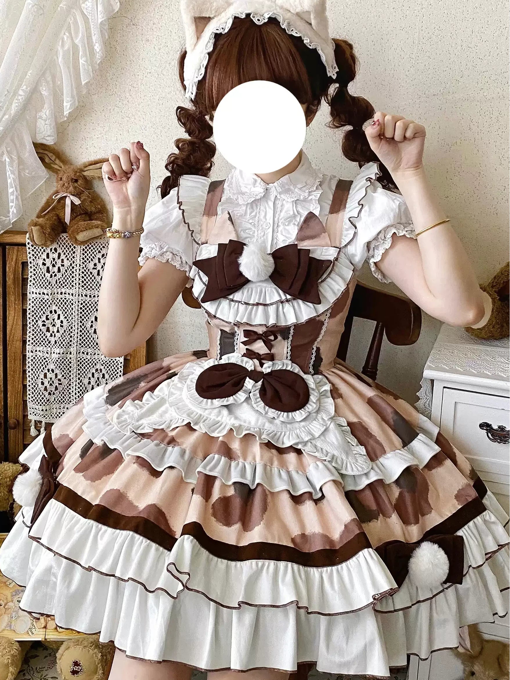 Sweet Lolita Cow Print Pink & Brown Cake Cream Ruffled Dress with Bow Accents