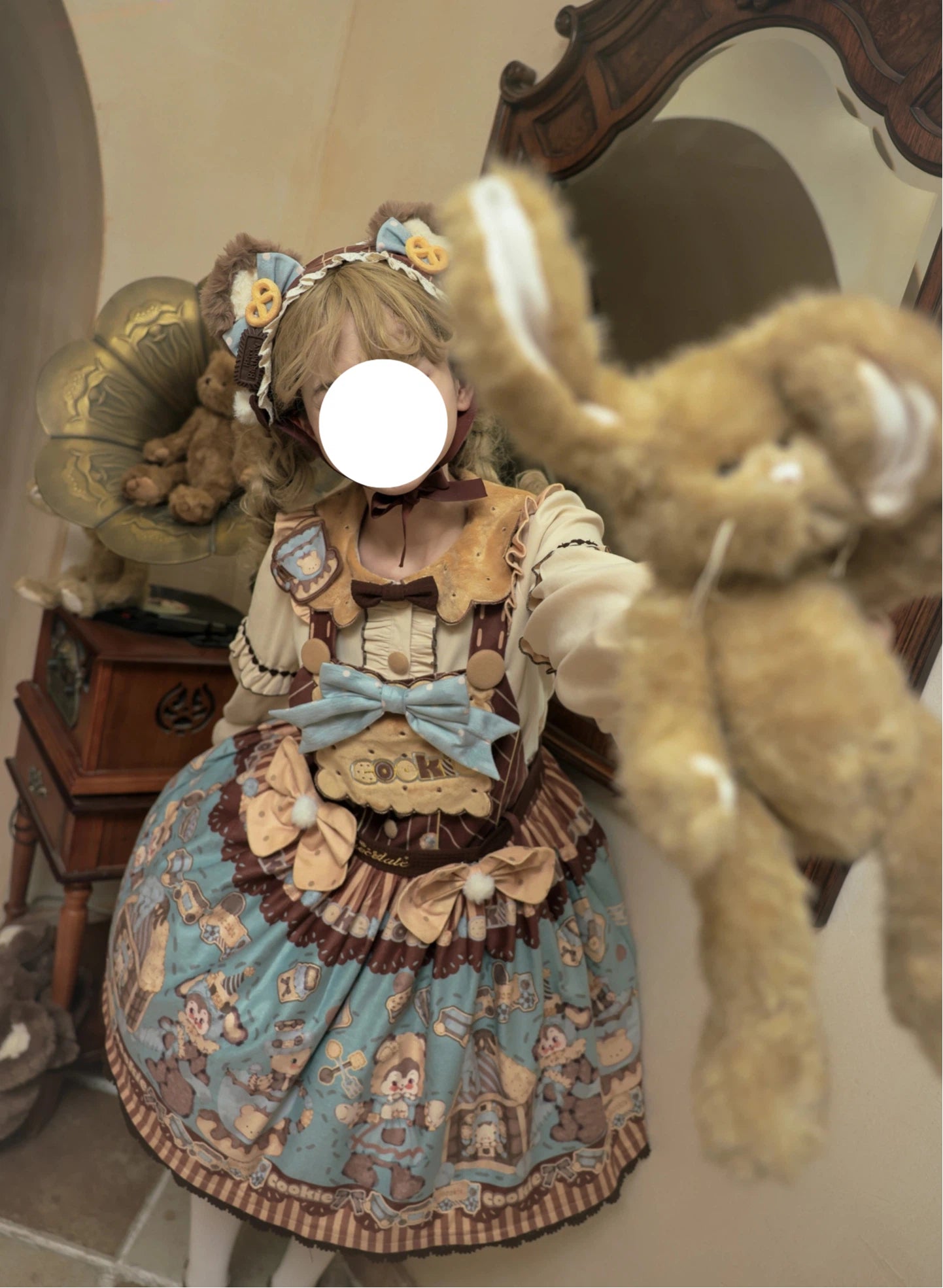 Sweet Lolita Vintage Teddy Bear Chocolate OP Set Beige Brown Tea Party Print Plus Size