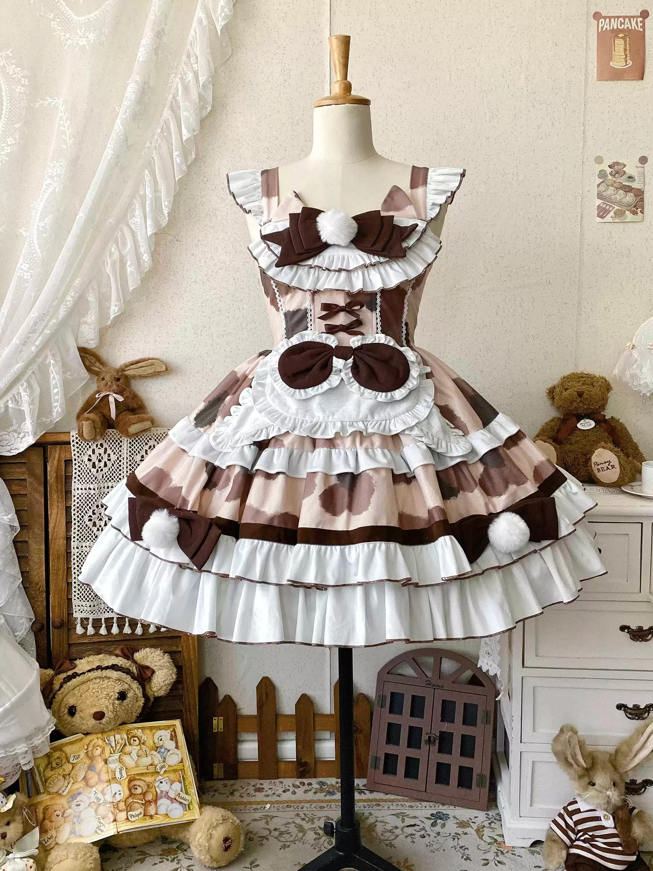 Sweet Lolita Cow Print Pink & Brown Cake Cream Ruffled Dress with Bow Accents