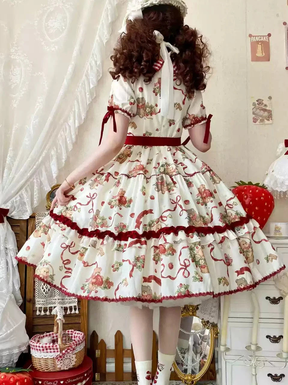 Sweet Lolita Bear Ribbon OP Dress Off-White with Burgundy Bow Checked Collar