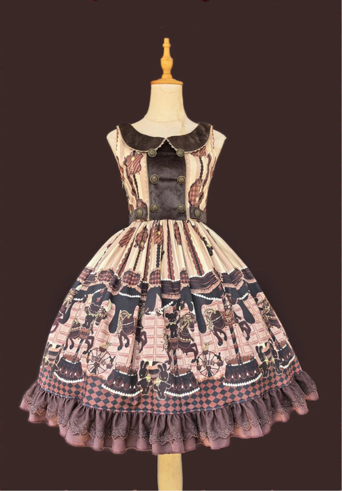 Sweet Lolita Carousel Themed Dress Pink Chocolate Brown Beige Vintage Print