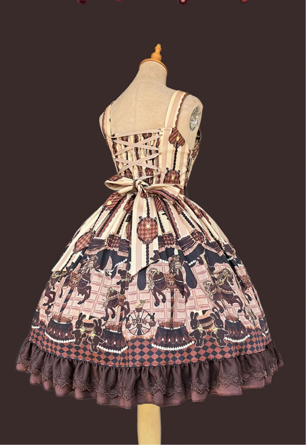 Sweet Lolita Carousel Themed Dress Pink Chocolate Brown Beige Vintage Print