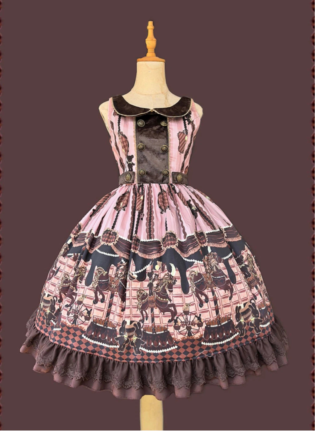 Sweet Lolita Carousel Themed Dress Pink Chocolate Brown Beige Vintage Print