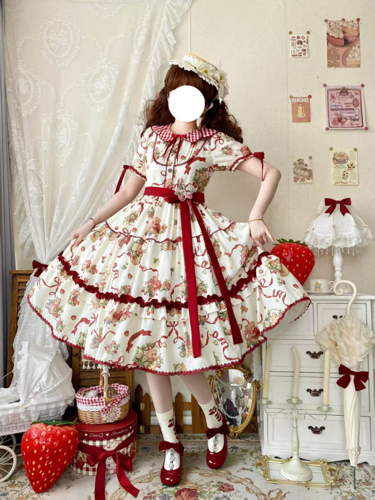 Sweet Lolita Bear Ribbon OP Dress Off-White with Burgundy Bow Checked Collar