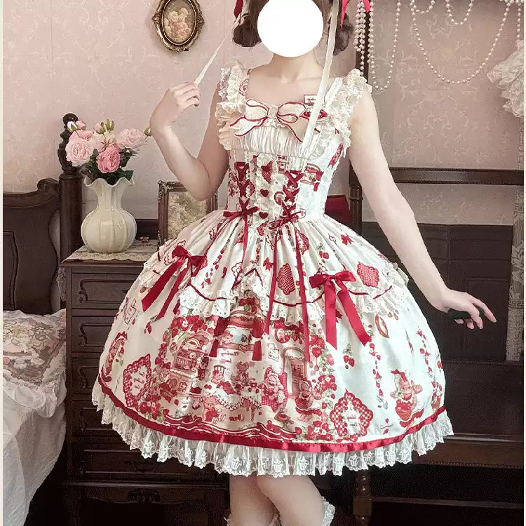 Sweet Lolita Red Castle Dress Ivory with Red Ribbon Lace Castle Print