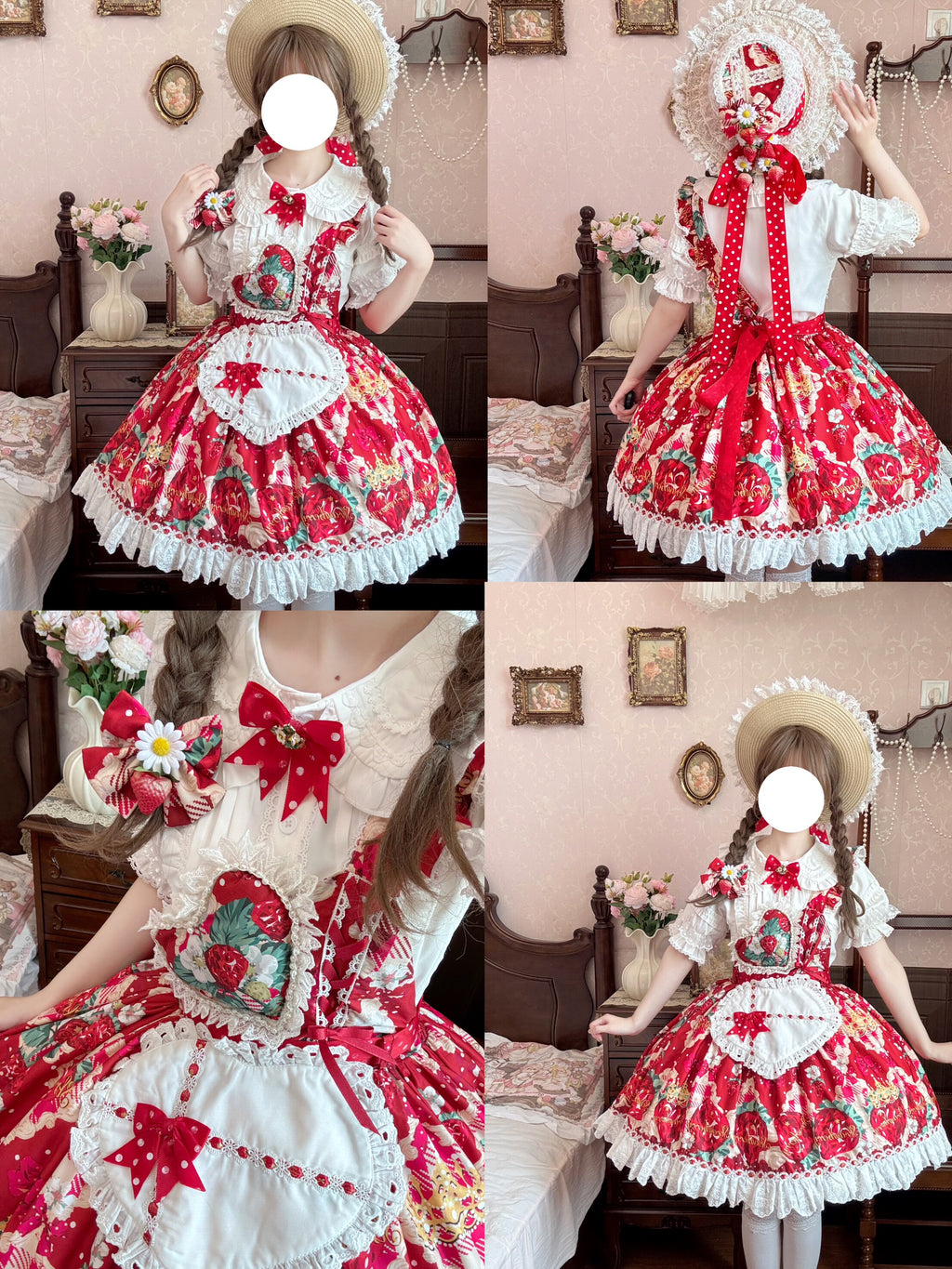 Sweet Lolita Strawberry Apron JSK Set Red Print with White Lace Inner Blouse