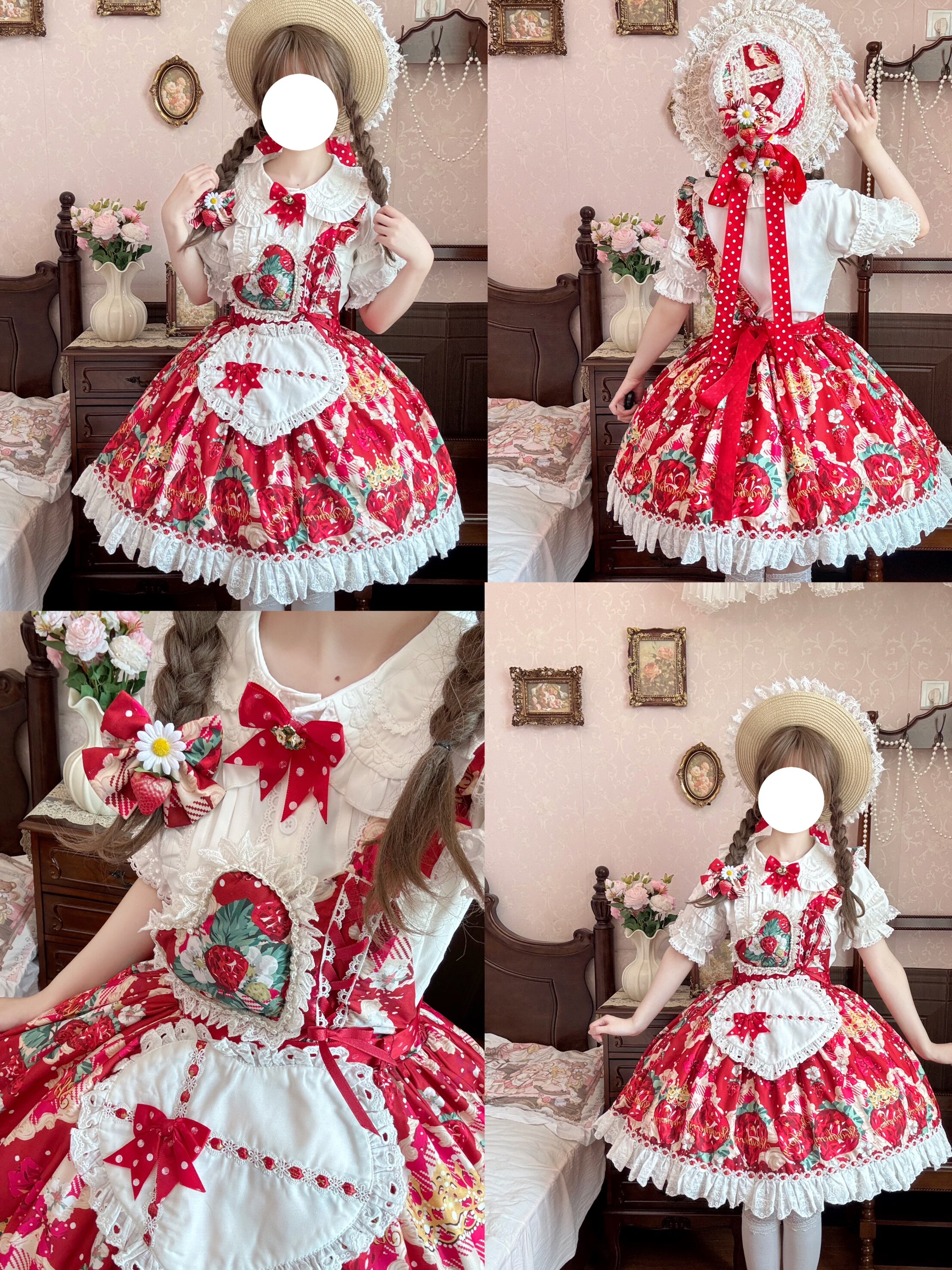 Sweet Lolita Strawberry Apron JSK Set Red Print with White Lace Inner Blouse