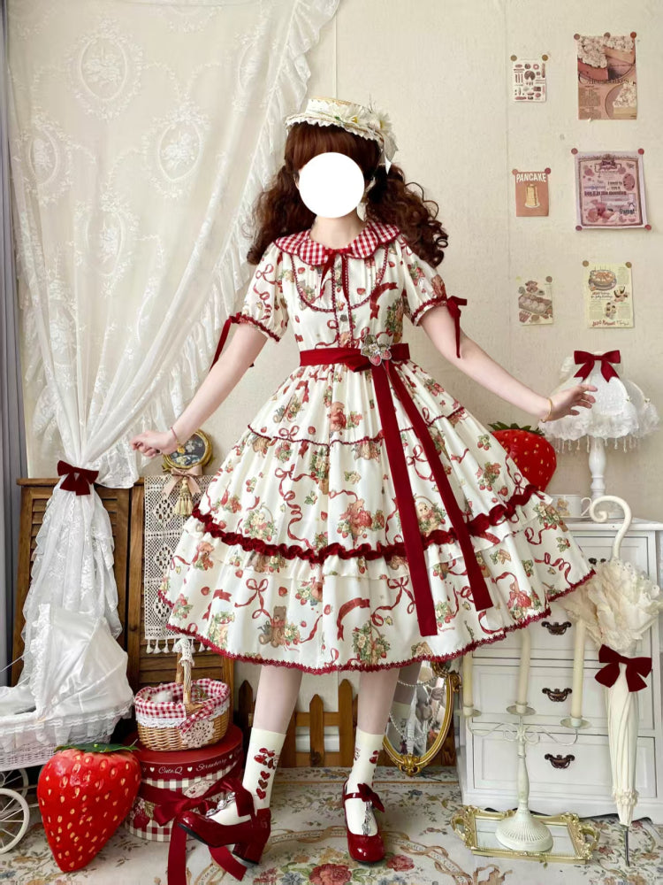 Sweet Lolita Bear Ribbon OP Dress Off-White with Burgundy Bow Checked Collar