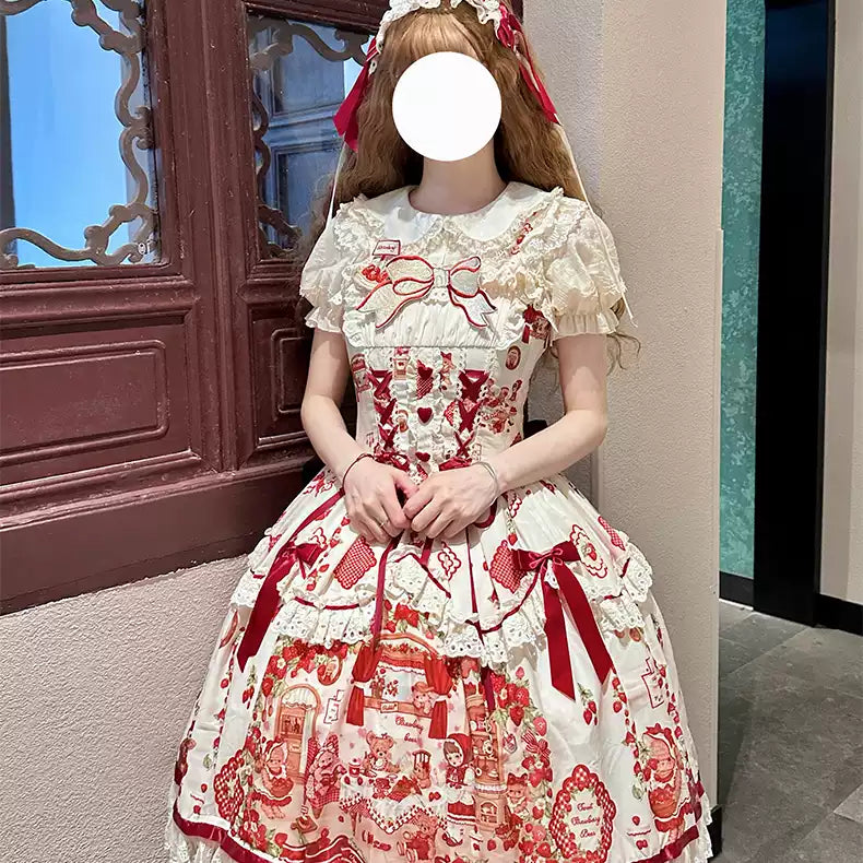 Sweet Lolita Red Castle Dress Ivory with Red Ribbon Lace Castle Print