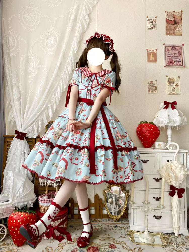 Sweet Lolita Bear Print OP Dress - Light Blue with Burgundy Bow Layered Skirt
