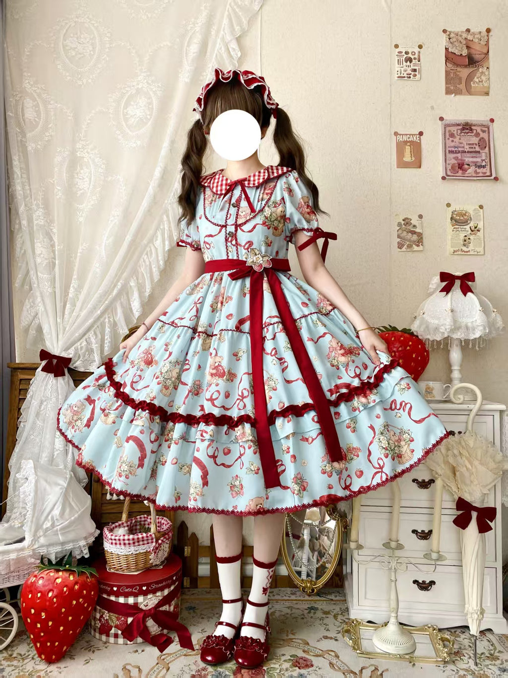 Sweet Lolita Bear Print OP Dress - Light Blue with Burgundy Bow Layered Skirt