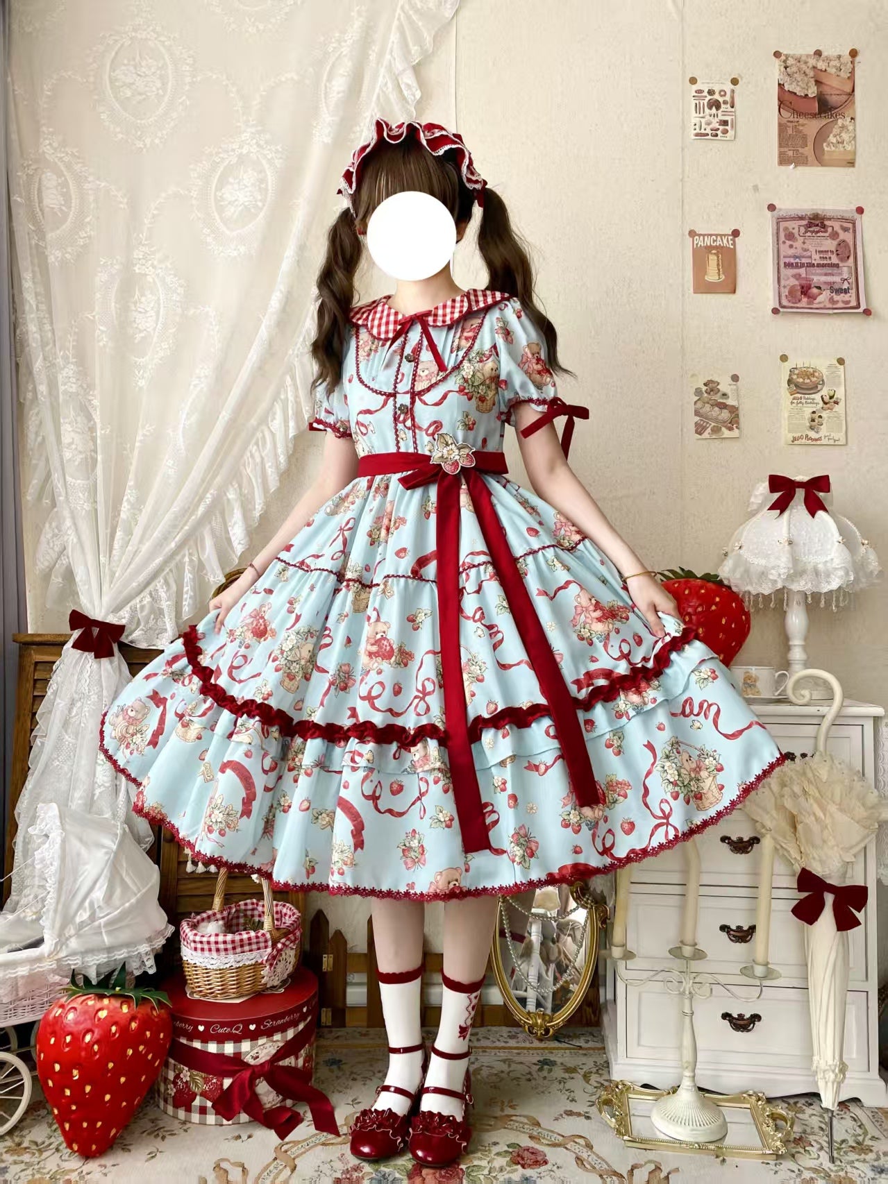 Sweet Lolita Bear Print OP Dress - Light Blue with Burgundy Bow Layered Skirt