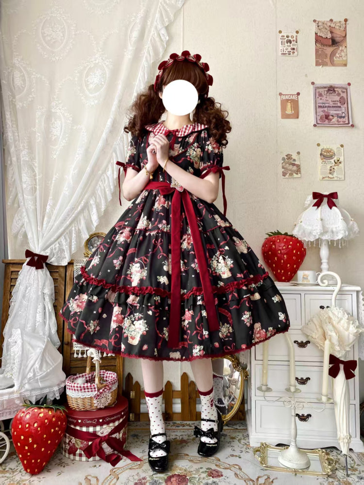 Sweet Lolita Gothic Bear OP Dress Black with Burgundy Bow Layered Skirt