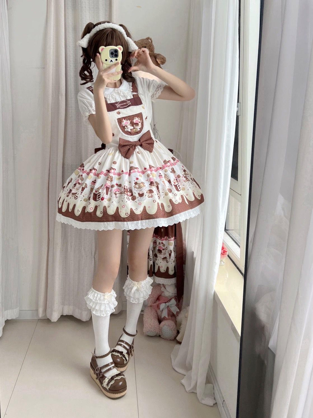 Sweet Lolita Dessert Print JSK Dress Cream Apron Style Jumperskirt