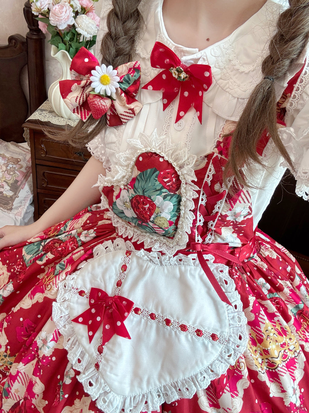 Sweet Lolita Strawberry Apron JSK Set Red Print with White Lace Inner Blouse