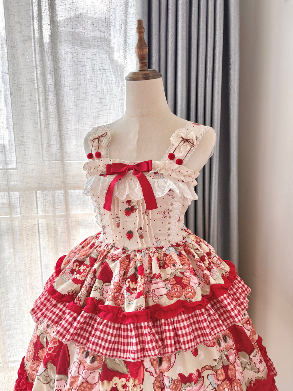 Sweet Lolita Strawberry Apron JSK Set Red White Ruffled Dress Headband