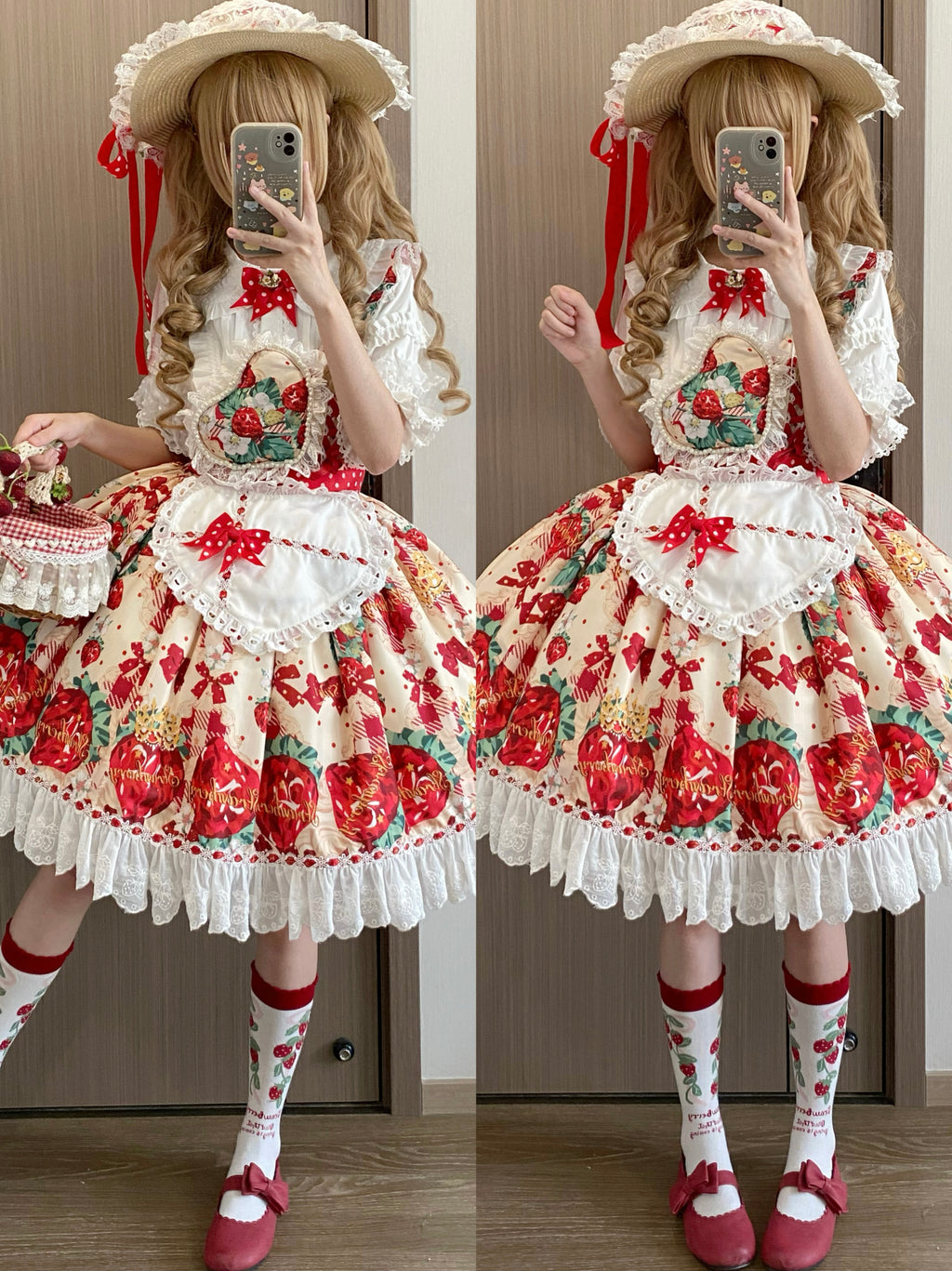 Sweet Lolita Strawberry Apron JSK Set Red Print with White Lace Inner Blouse