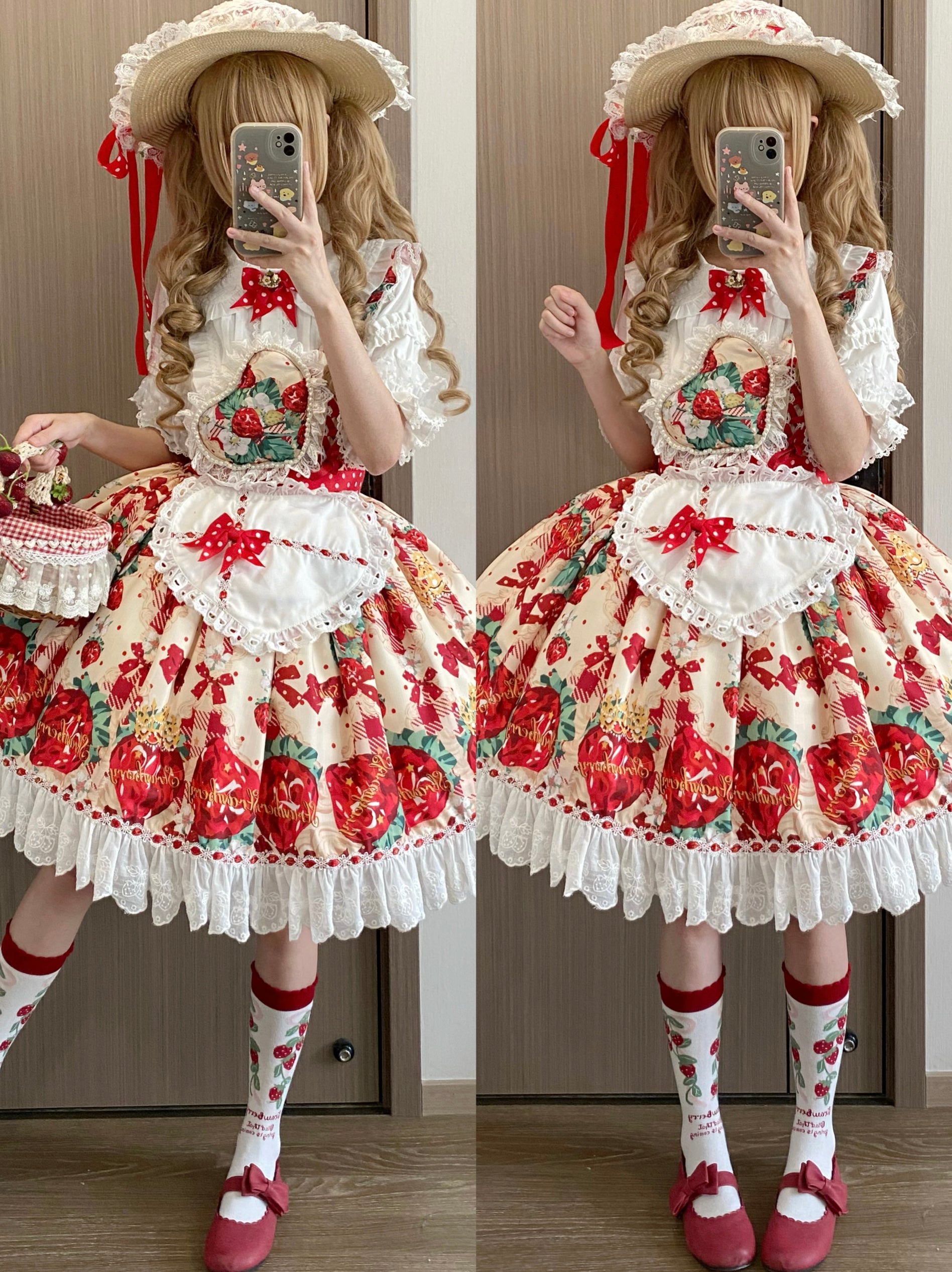 Sweet Lolita Strawberry Apron JSK Set Red Print with White Lace Inner Blouse