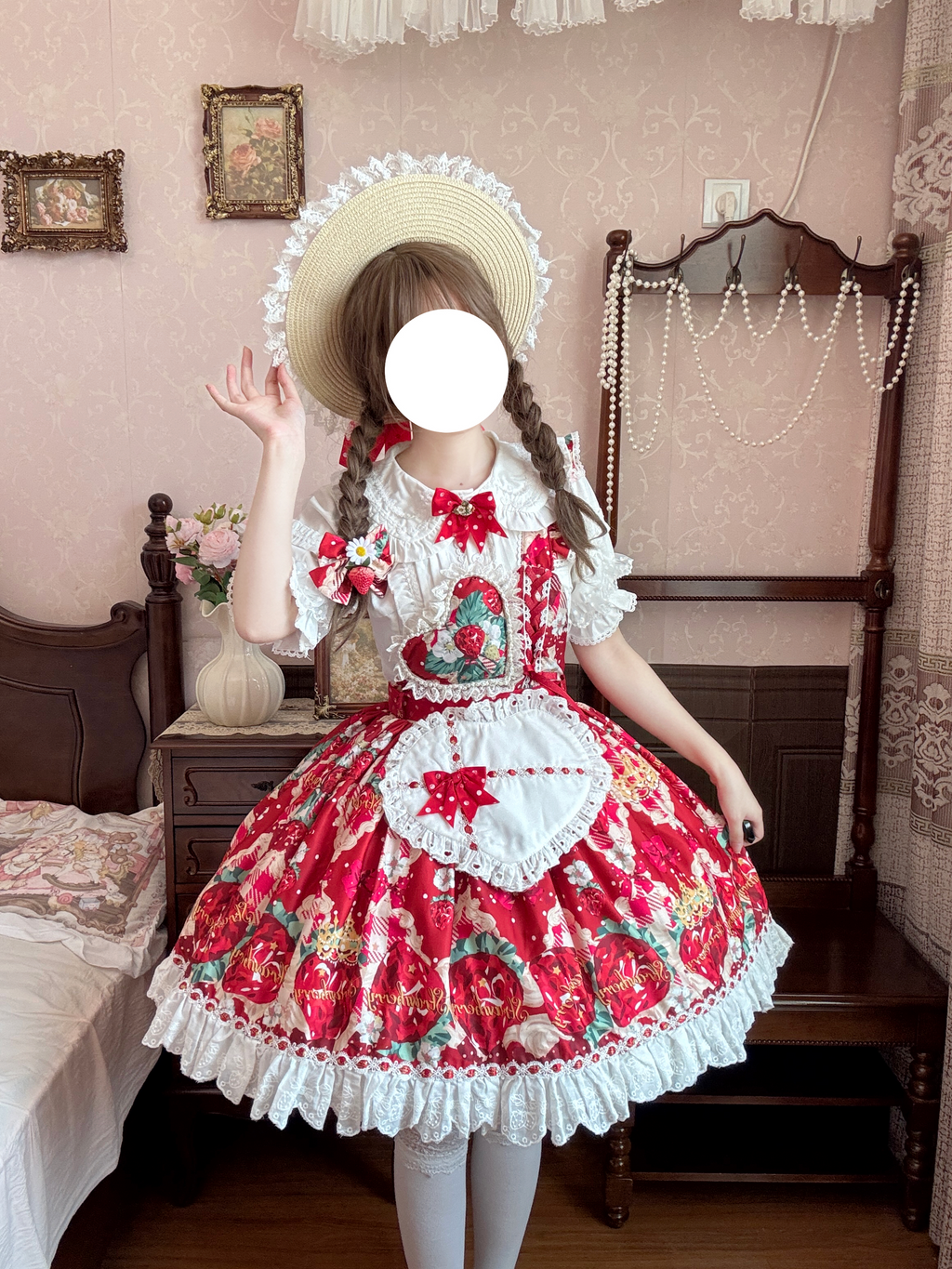 Sweet Lolita Strawberry Apron JSK Set Red Print with White Lace Inner Blouse