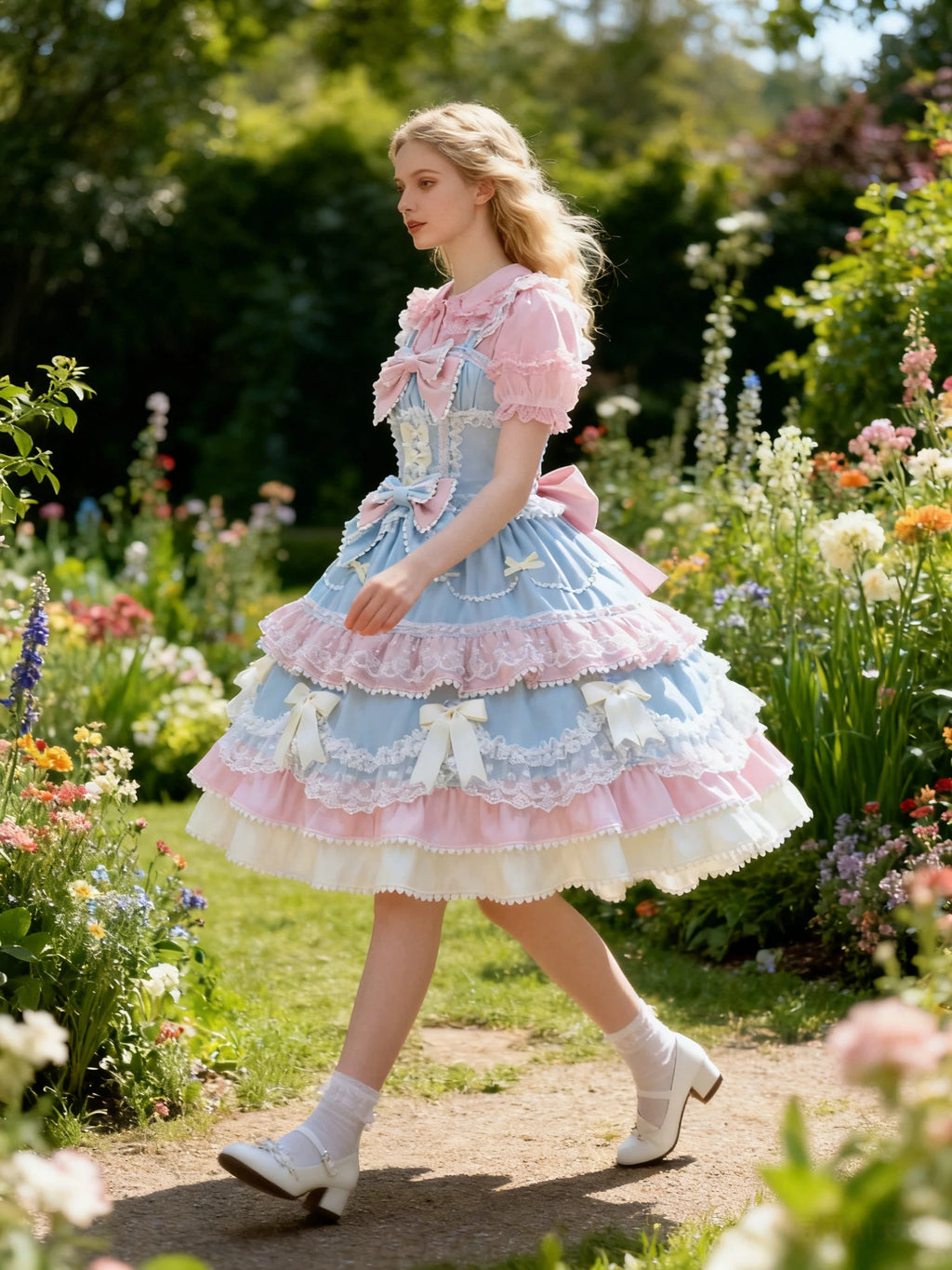 Sweet Lolita Blue Pink Bow Cake Dress Frilly Lace Princess Ball Gown for Party