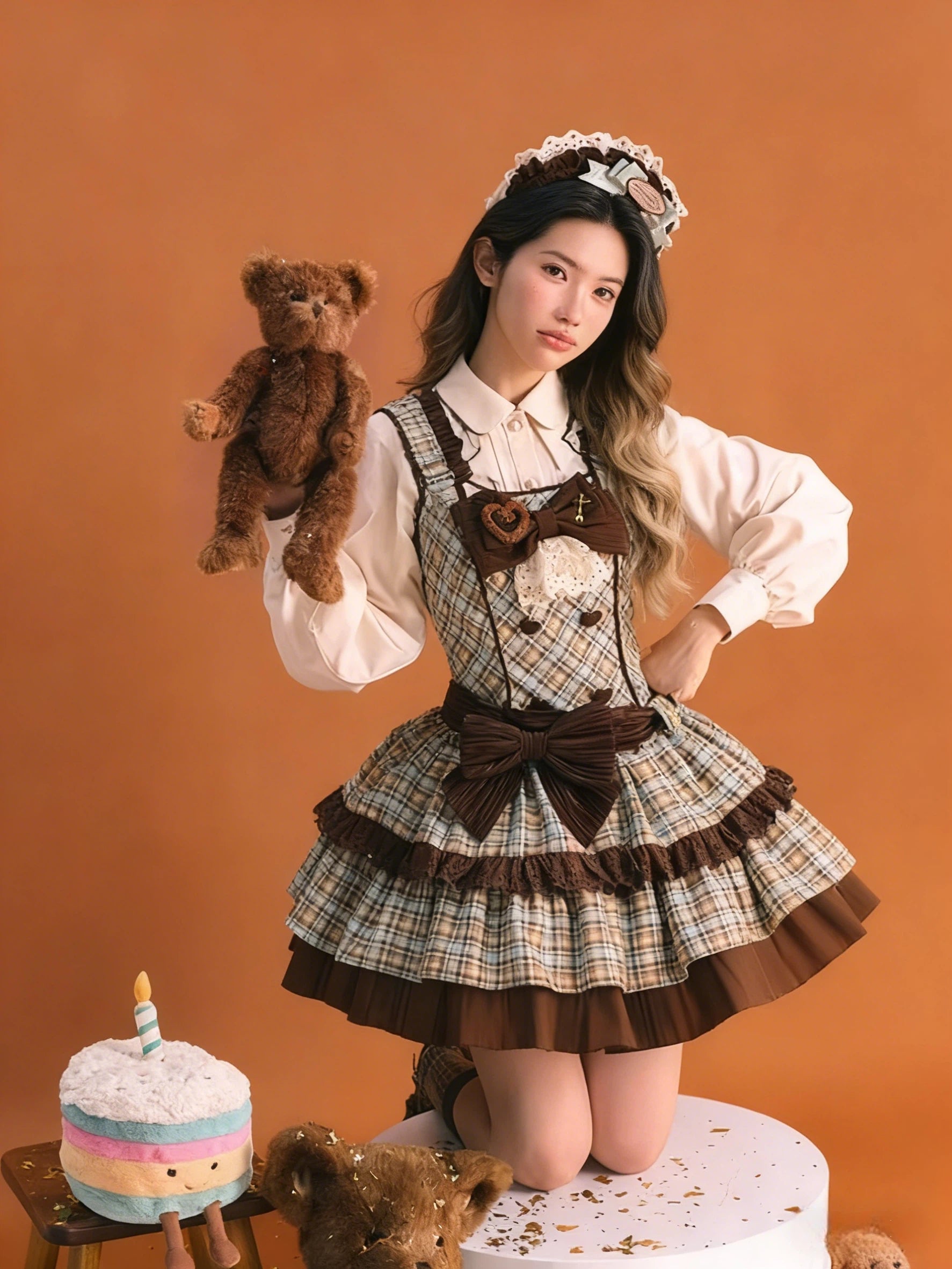 Sweet Lolita Plaid Chocolate Mint Checked Print with Bow Accents