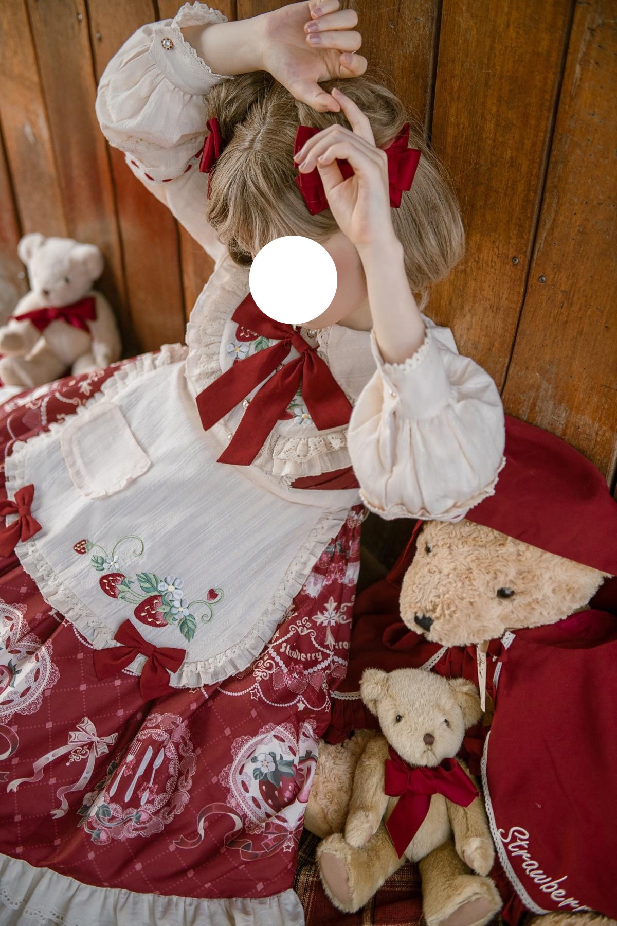 Sweet Lolita Strawberry OP Dress with Cape Burgundy Cream Ruffled Embroidery Set