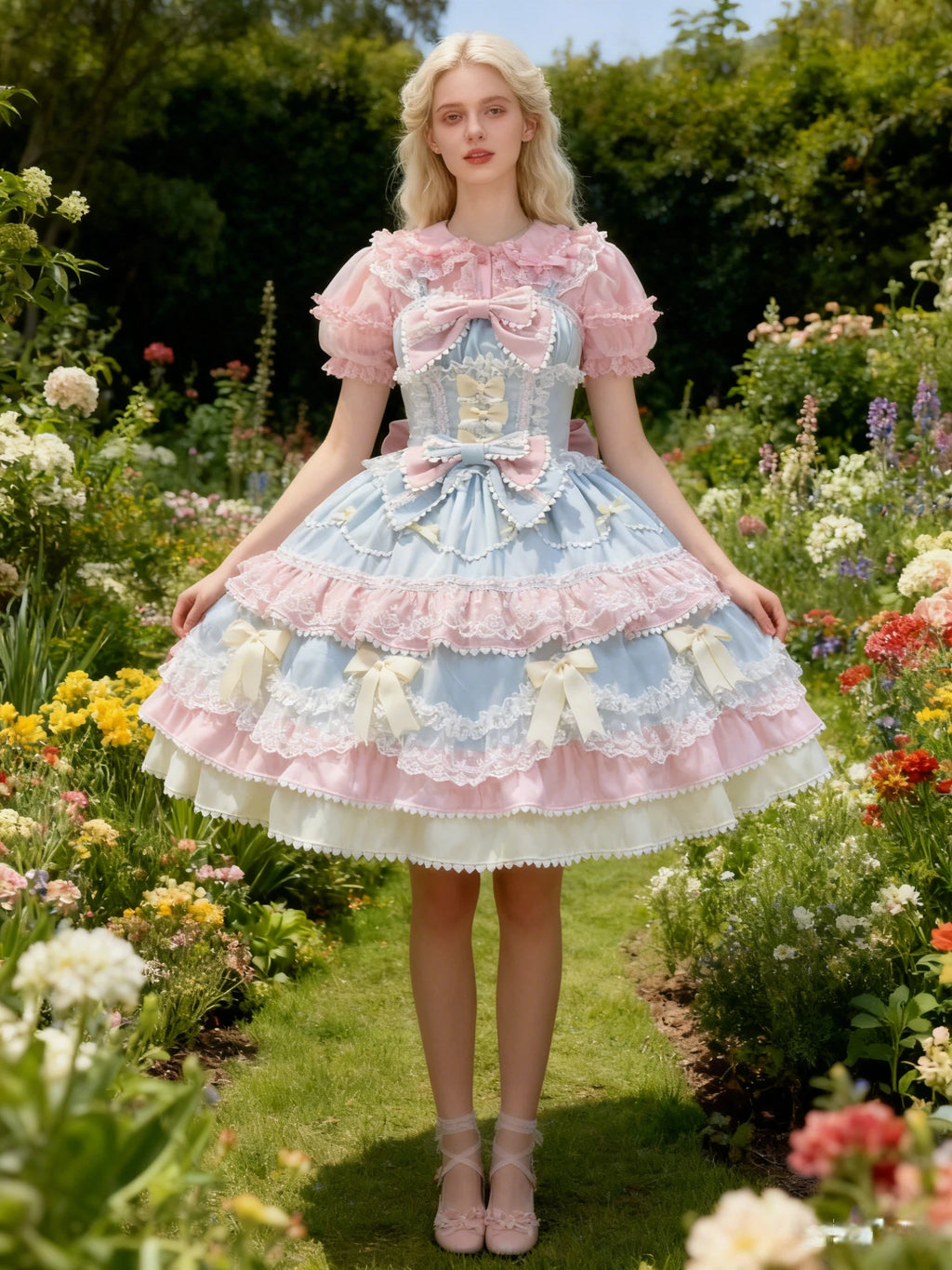 Sweet Lolita Blue Pink Bow Cake Dress Frilly Lace Princess Ball Gown for Party