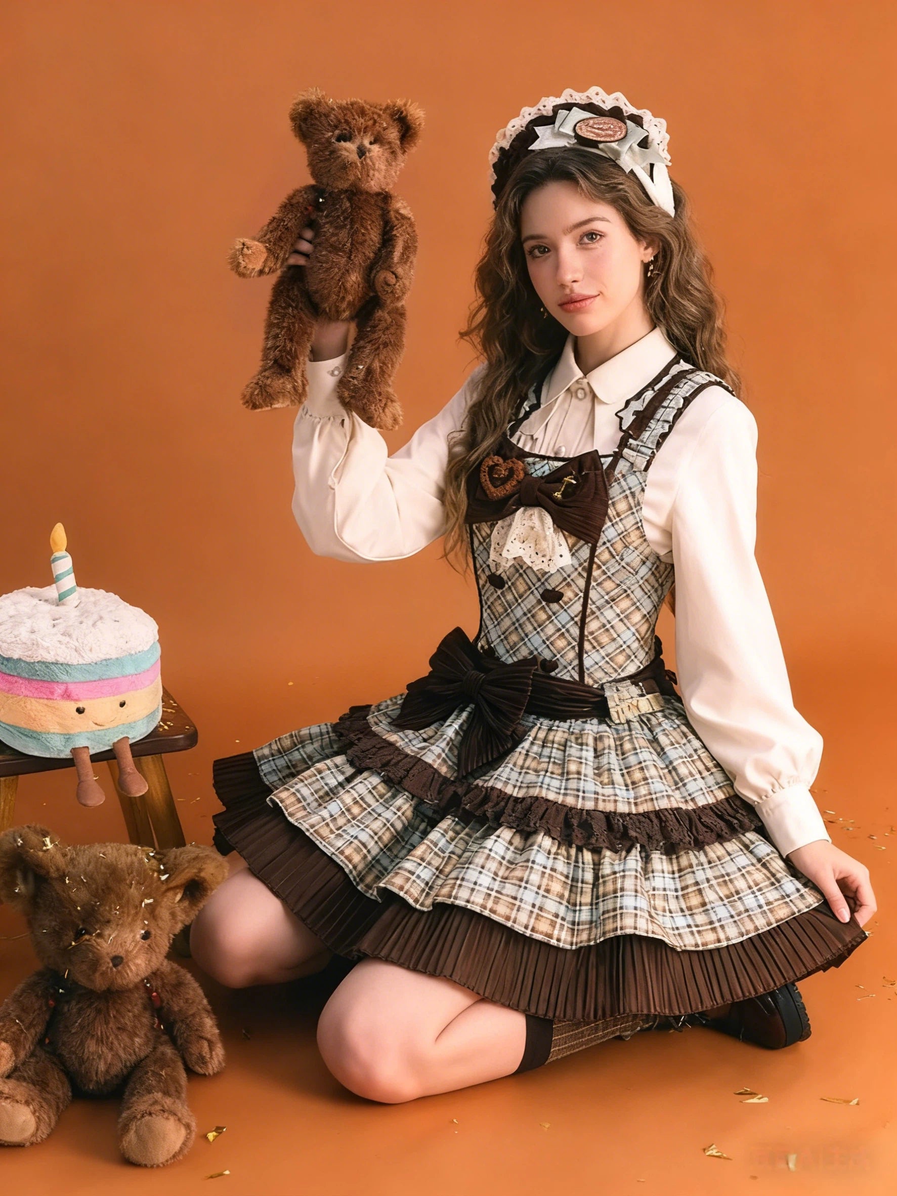 Sweet Lolita Plaid Chocolate Mint Checked Print with Bow Accents