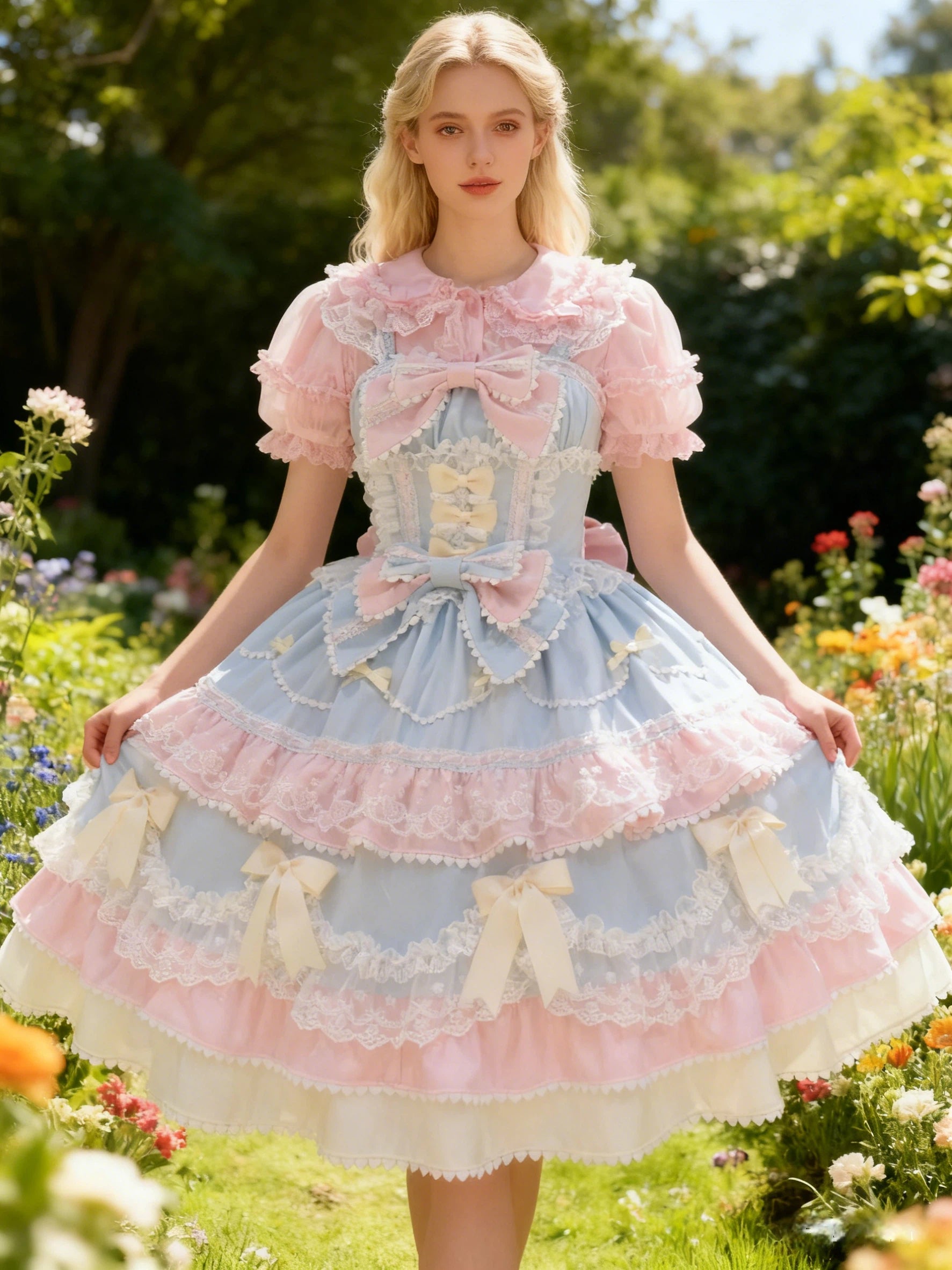 Sweet Lolita Blue Pink Bow Cake Dress Frilly Lace Princess Ball Gown for Party