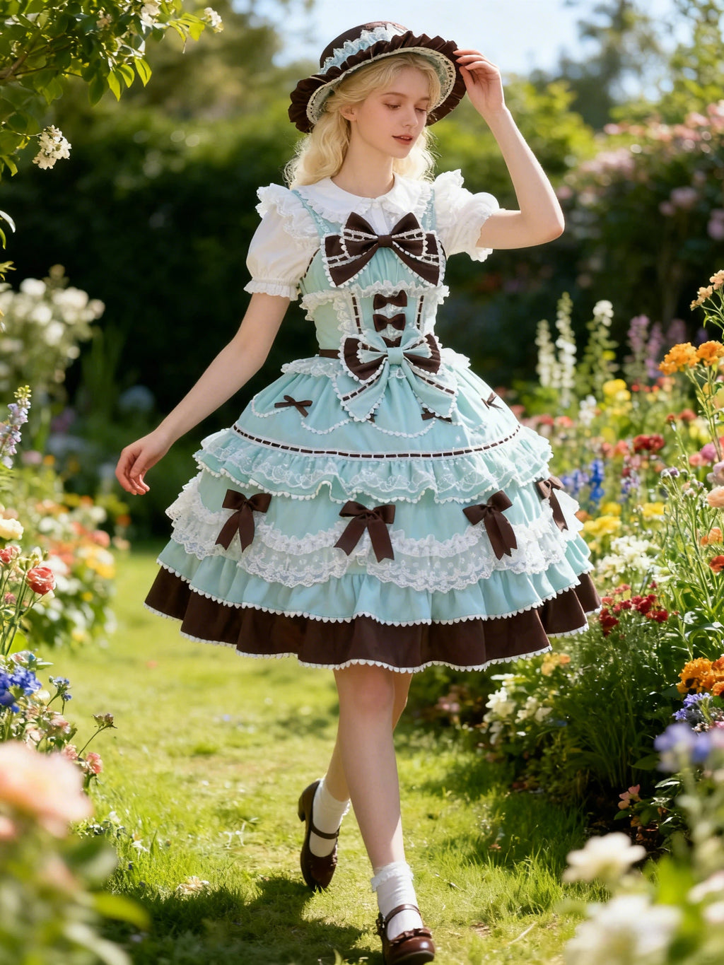 Sweet Lolita Pastel Mint Chocolate Bow Cake Dress Lace Princess Ball Gown for Party