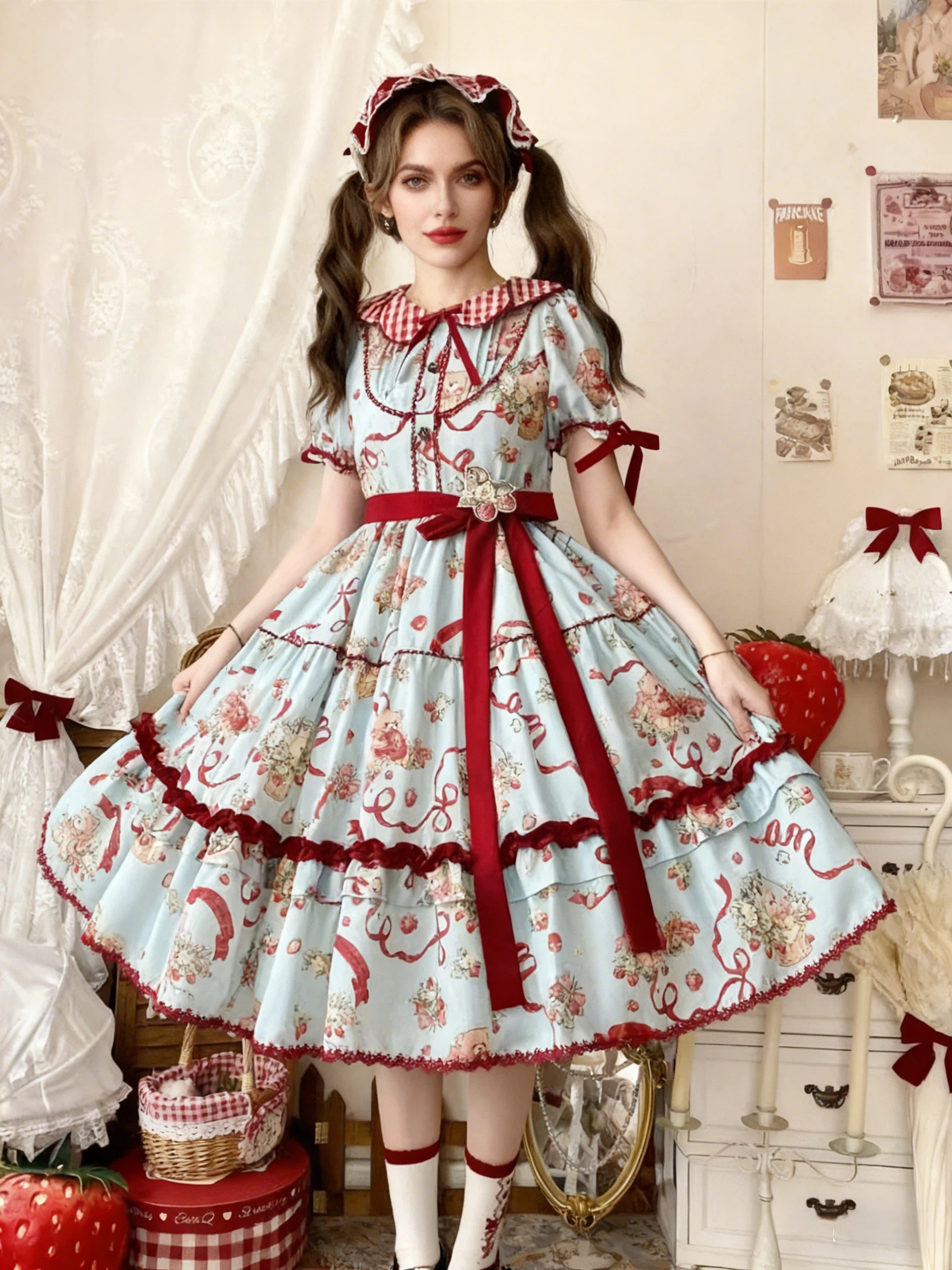 Sweet Lolita Bear Print OP Dress Light Blue with Burgundy Bow Layer Skirt