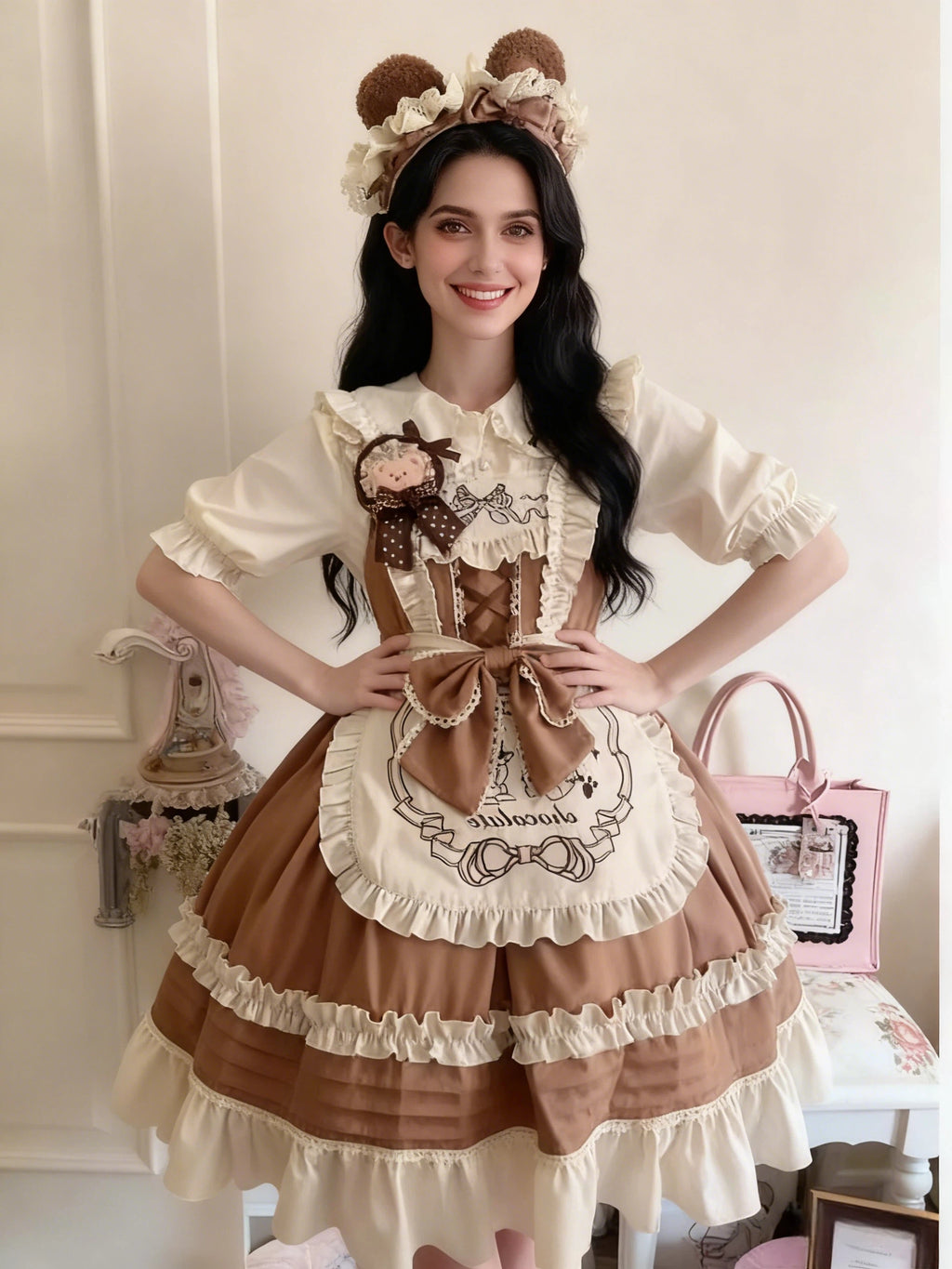 Sweet Lolita Bear Themed Chocolate Khaki Brown Ruffled Apron Jumperskirt