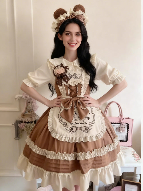 Sweet Lolita Bear Themed Chocolate Khaki Brown Ruffled Apron Jumperskirt