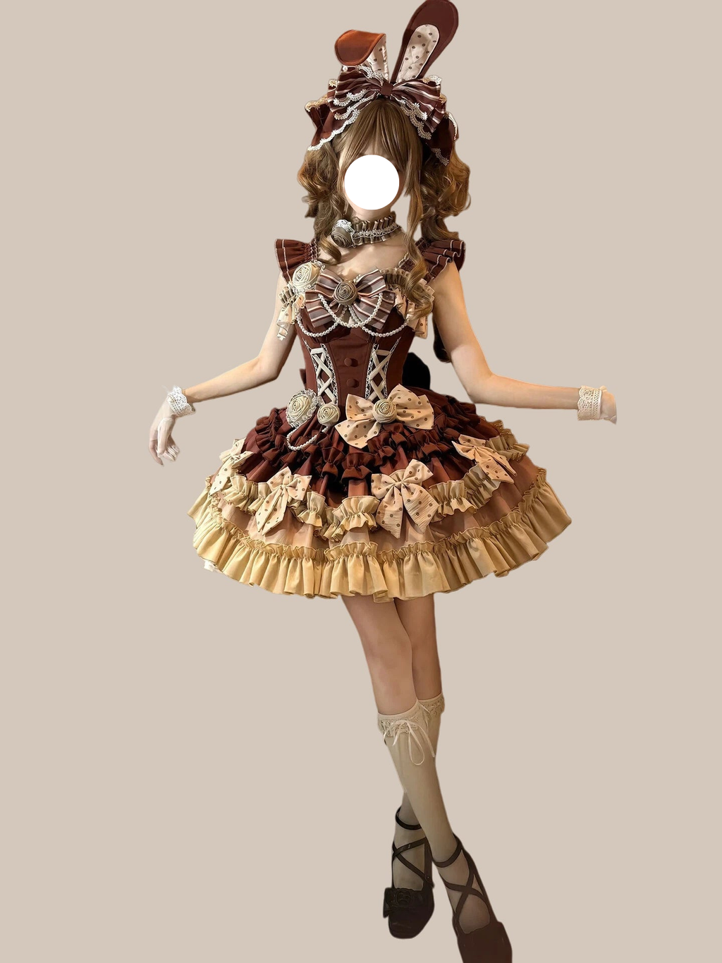 Sweet Lolita Bunny Themed Caramel Cocoa Chocolate Ruffled Lace One-Piece