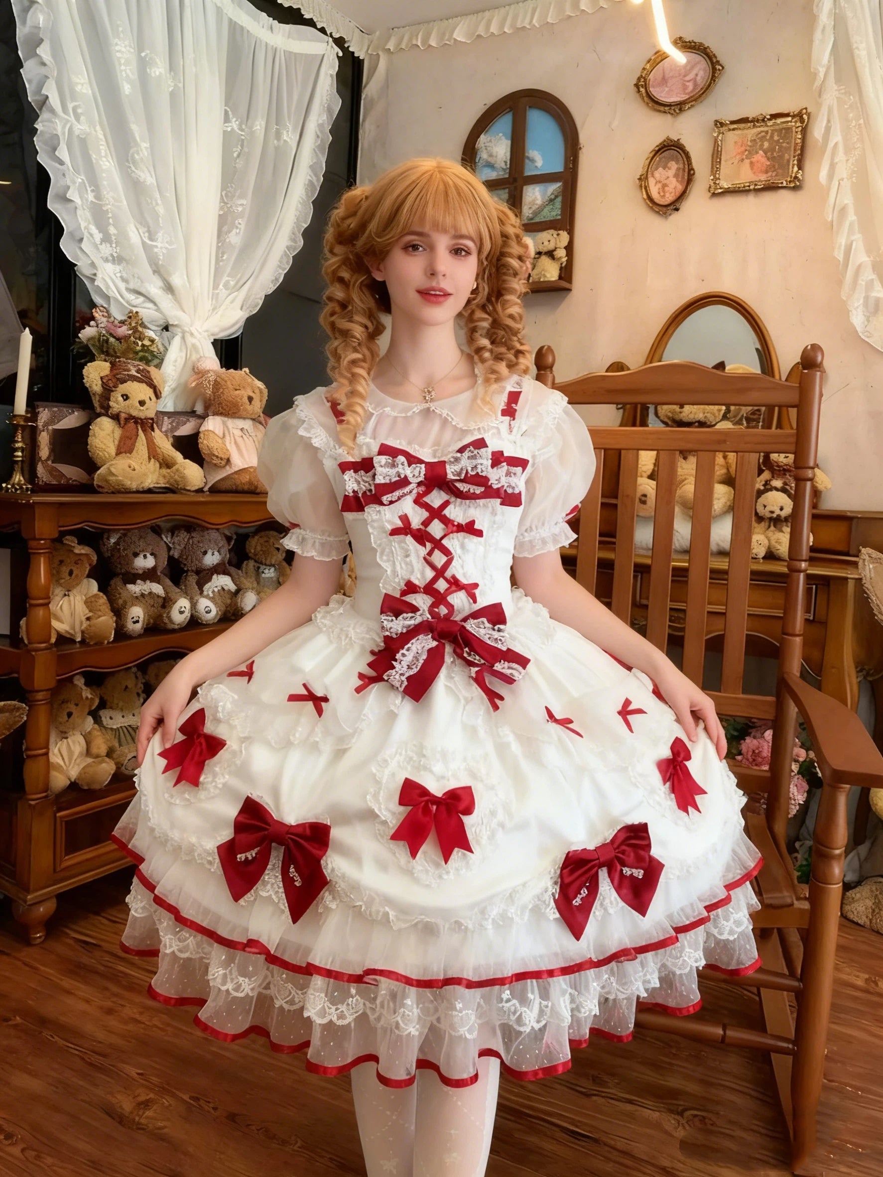 Sweet Lolita Burgundy Bow Dream Dress Ivory Ruffled Ball Gown Layer Dress