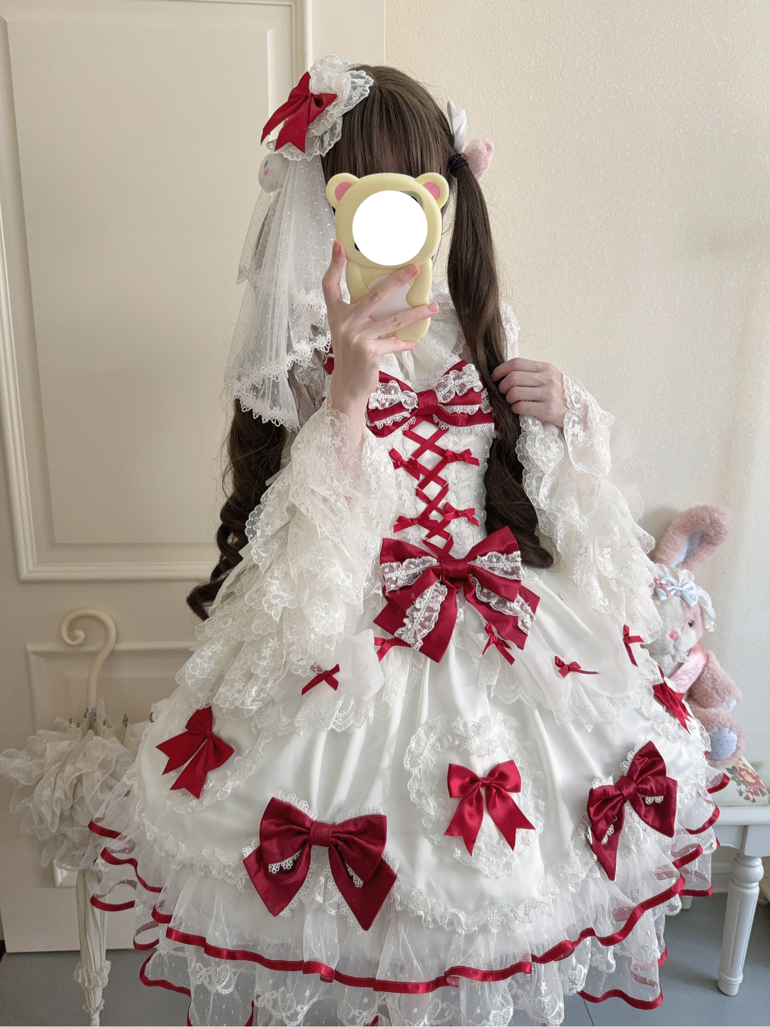 Sweet Lolita Burgundy Bow Dream Dress Ivory Ruffled Gown