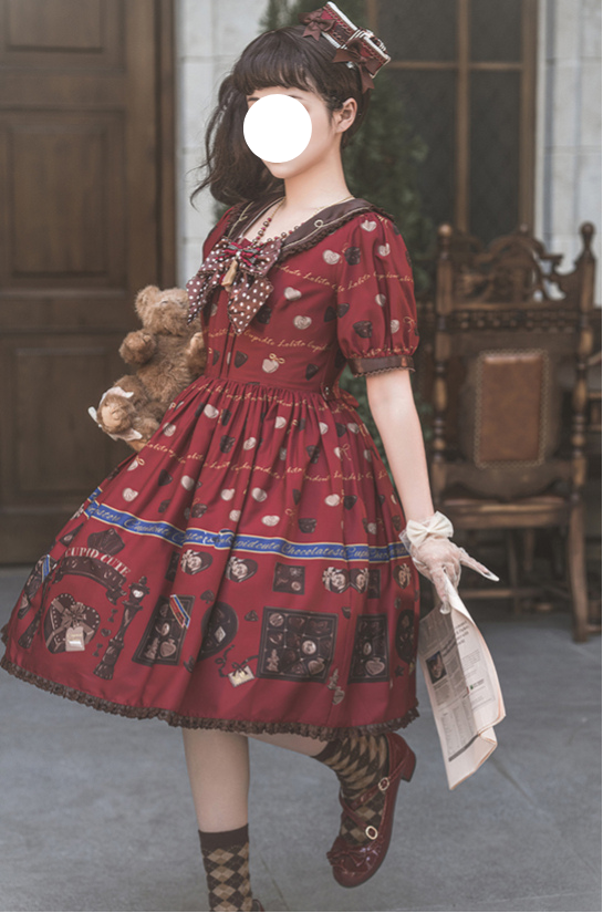 Sweet Lolita Chocolate Themed OP Dress Red Brown Print with Bow Accents